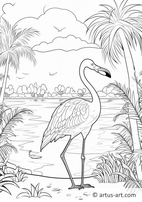 Flamingo met palmbomen Kleurplaat